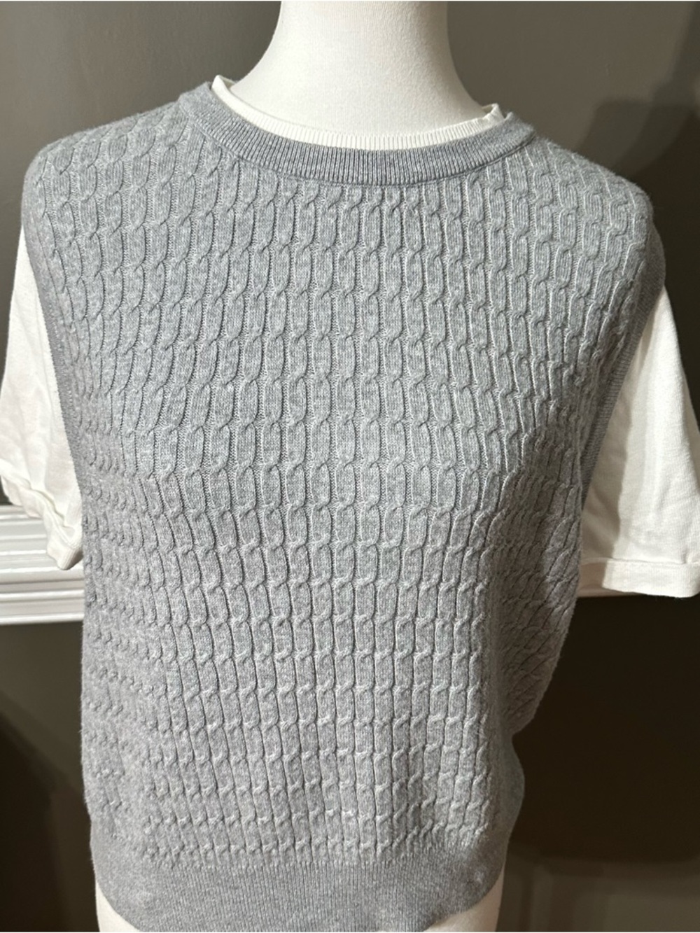 Christian Lacroix Light Gray Cable-Knit Faux Vest Style Sweater. Size M